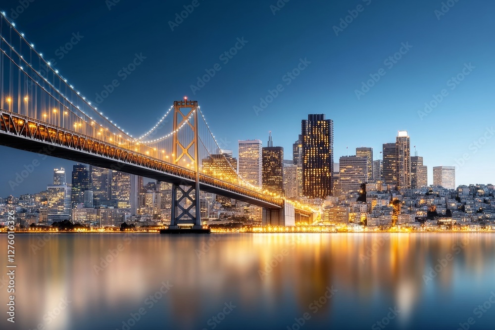 Cityscape Bridge at Night - Illuminated cityscape at twilight, featuring a long bridge stretching across a calm body of water reflecting the city lights Cityscape Bridge at Night - Illuminated cityscape at twilight, featuring a long bridge stretching across a calm body of water reflecting the city lights
