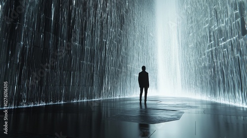 Man Standing Behind a Waterfall with Ultra-Detailed Nature
