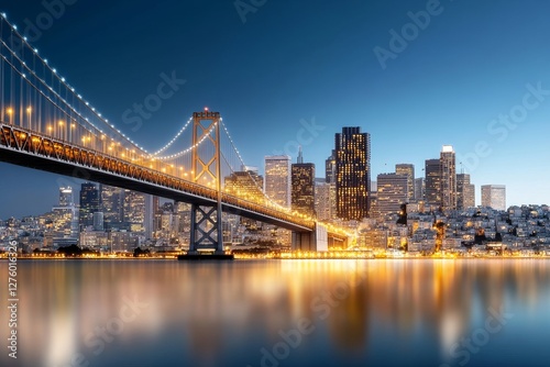 Cityscape Bridge at Night - Illuminated cityscape at twilight, featuring a long bridge stretching across a calm body of water reflecting the city lights