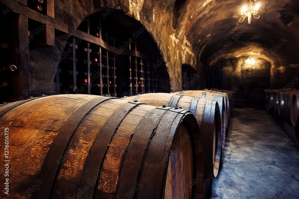 Rustic wooden barrels aging wine in a dimly lit traditional cellar Rustic wooden barrels aging wine in a dimly lit traditional cellar