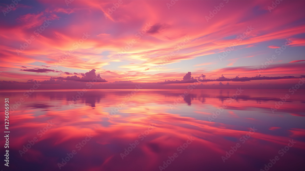 Obraz premium A surreal sunset over a glassy ocean, where the sky is painted in vibrant shades of pink, purple, and orange. The water reflects the sky perfectly, creating a dreamlike mirror effect.