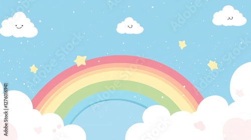 Pastel Rainbow Sky: A Dreamy Illustration of a Rainbow Arcing Across a Cloud-Filled Sky, Adorned with Stars and Cute Clouds, Evoking Feelings of Joy, Serenity, and Wonder.