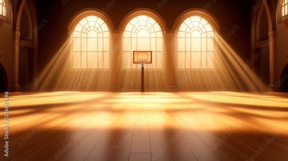 Fototapeta premium Sunlit Basketball Court Background Dramatic Golden Hour Light