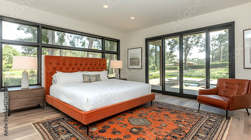 Modern bedroom with pool view, luxurious interior design, showcasing a king-size bed and relaxing atmosphere for real estate marketing photo