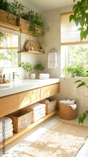 Modern bathroom in biophilic design, with white marble countertop, wooden shelves filled with plants, towels, natural decor. Bright space, sunlight streaming through window, soft shadows across room