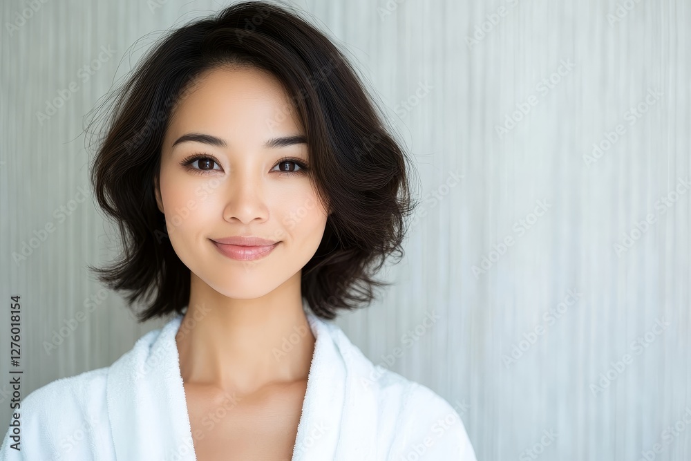 minimalistic portrait of beautiful Asian woman 35 years old in white bathrobe on white background minimalistic portrait of beautiful Asian woman 35 years old in white bathrobe on white background