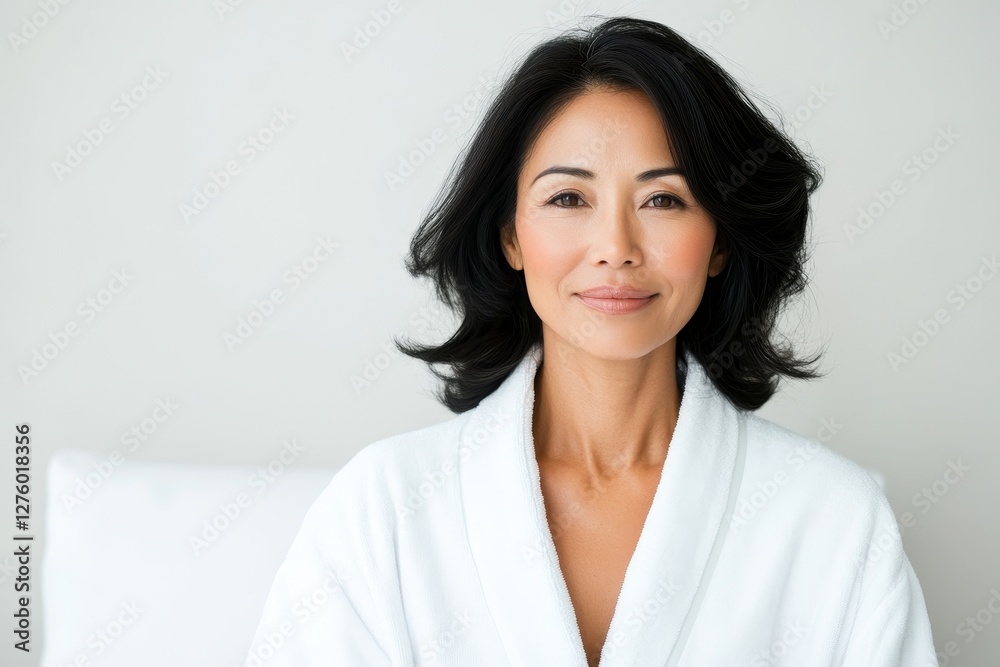portrait of adult brunette elegant Asian woman 50 years old in white bathrobe on white background, copy space, mature portrait of adult brunette elegant Asian woman 50 years old in white bathrobe on white background, copy space, mature