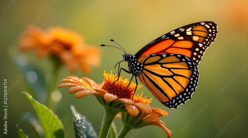 Fototapeta premium A vibrant monarch butterfly rests on a blooming flower, illuminated by golden sunlight. This stunning macro shot captures the beauty of pollination, nature, and the delicate balance of ecosystems.