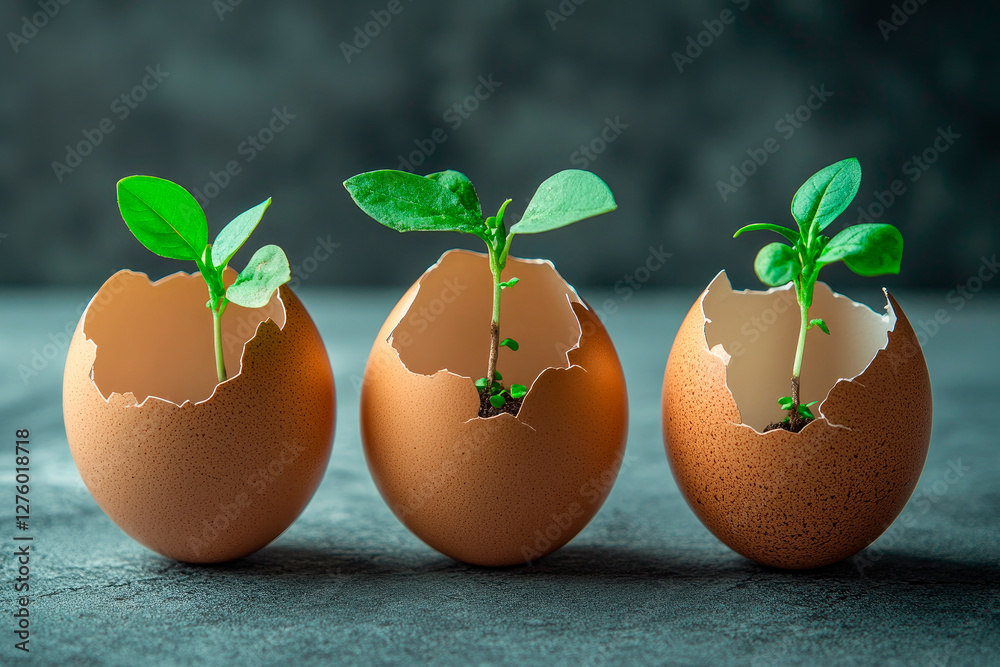 Growing green plants in egg shells, symbolizing the growth of new life and sustainability in food production industry. Growing green plants in egg shells, symbolizing the growth of new life and sustainability in food production industry.