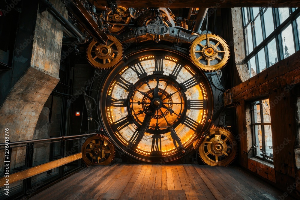 Obraz premium A large, vintage clock with glowing gears, set against an industrial backdrop, showcasing intricate details and warm lighting.