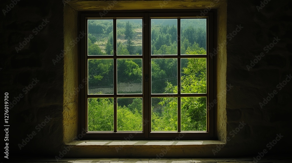 A large window revealing only a small part of the world outside. A large window revealing only a small part of the world outside.