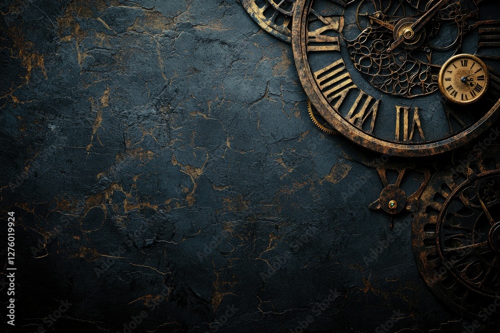 Naklejka premium An ornate collection of vintage clocks resting against a dark, textured background, evoking a sense of timeless elegance and history.