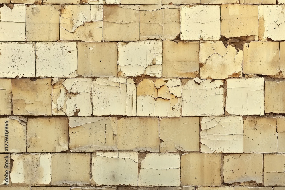 A textured wall of weathered, peeling paint in muted yellow tones, showcasing a rustic and aged appearance.