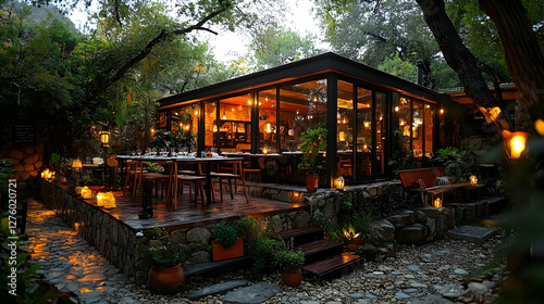 Mountainside restaurant patio, evening ambiance, dinner setting, stone steps, tranquil background; ideal for hospitality marketing