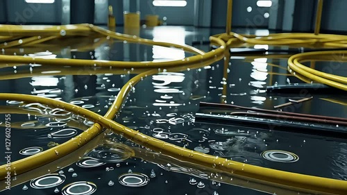 Industrial server room flooded with water and exposed yellow network cables
