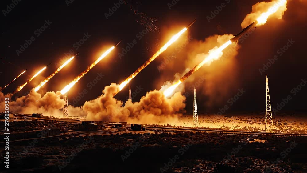 Military operation showcases missile launch system during nighttime training exercise in desert region
