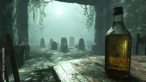 Mysterious bottle on table in ancient ruins, foggy moonlit night, game scene