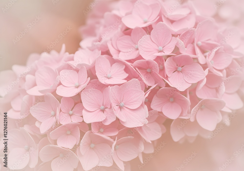 Fototapeta premium Delicate Pink Hydrangea Bloom Close Up Photography: Soft Pastel Hues and Gentle Petals