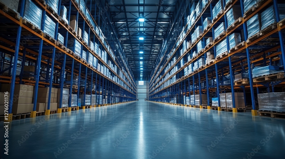 Fototapeta premium A spacious warehouse interior with high shelves stacked with pallets, illuminated by bright overhead lights, creating a clean and organized storage environment.