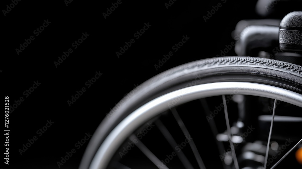 Fototapeta premium Wheelchair wheel close-up, dark background, accessibility