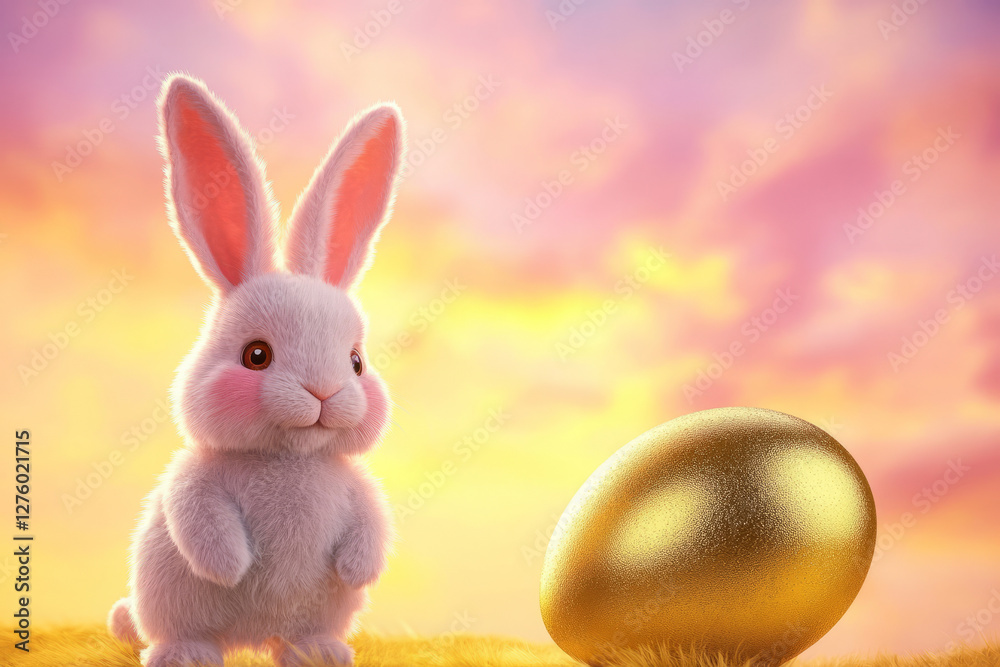 Obraz premium A cute Easter Bunny with rosy cheeks and oversized ears, standing next to a large, golden Easter egg under a glowing, pastel sunset sky.