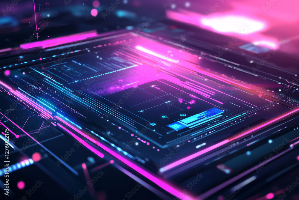 Obraz premium A holographic user interface background with floating digital elements, sharp neon edges, and deep space reflections.