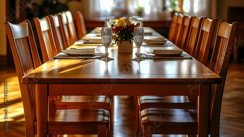 Formal dining table set for many in a room with sunlight