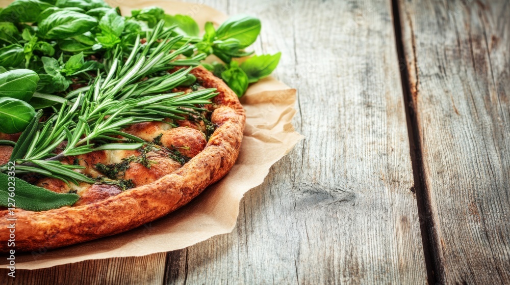 Savory Rustic Galette Topped with Fresh Herbs on a Wooden Table in Soft Natural Light Savory Rustic Galette Topped with Fresh Herbs on a Wooden Table in Soft Natural Light