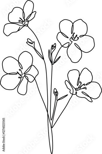 Blue flax linum flowers line drawing isolated on a white background. 
