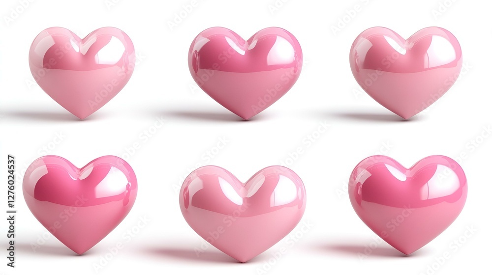 Set of glossy pink heart shapes with reflective surface isolated on white background Set of glossy pink heart shapes with reflective surface isolated on white background