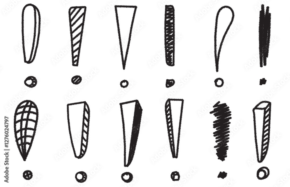 Set of hand drawn doodle exclamation marks icon elements. Ink or charcoal graphic vector elements. Set of hand drawn doodle exclamation marks icon elements. Ink or charcoal graphic vector elements.