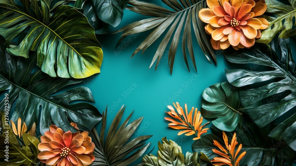 Fototapeta premium Lush tropical floral arrangement with green leaves