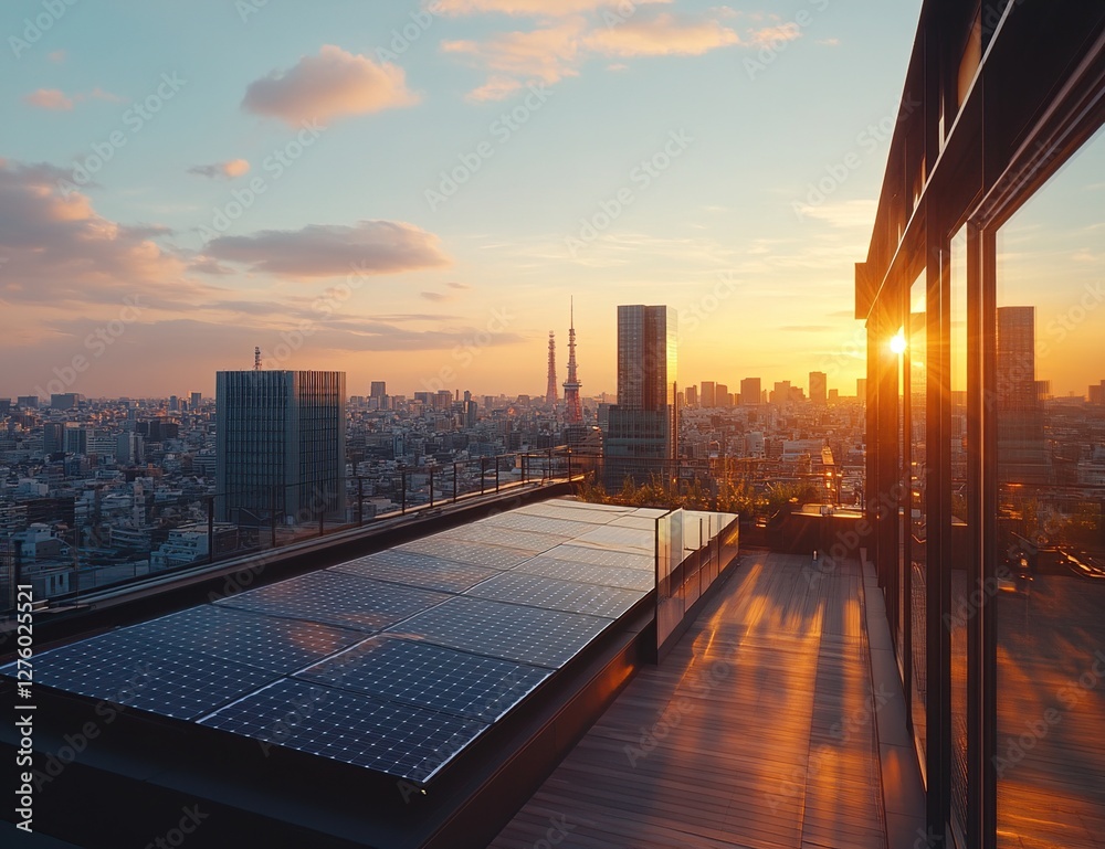 Naklejka premium Urban Rooftop Solar Power: Cityscape Sunset Views with Sustainable Energy Solutions
