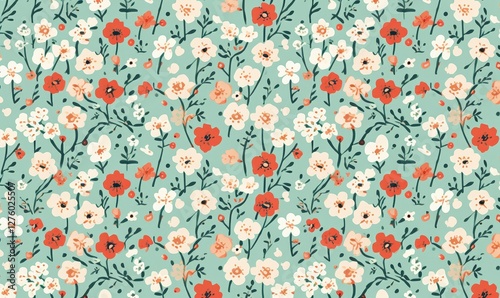 Floral pattern with light red and white flowers and dark green leaves and stems on a mint green background