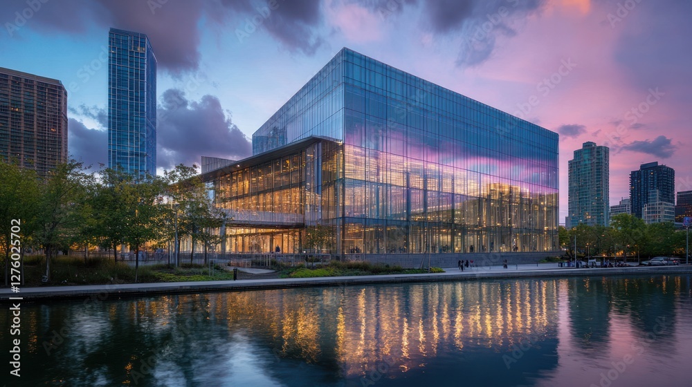 Modern glass building reflected in calm water at sunset, surrounded by trees and city skyline. Modern glass building reflected in calm water at sunset, surrounded by trees and city skyline.