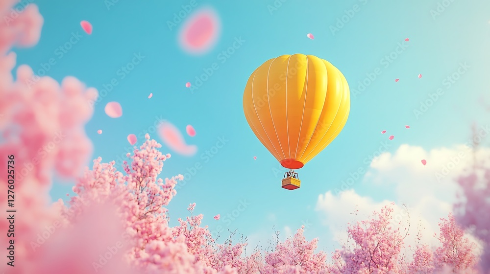 Obraz premium Hot Air Balloon Flying Over Pink Cherry Blossom Trees and Blue Sky