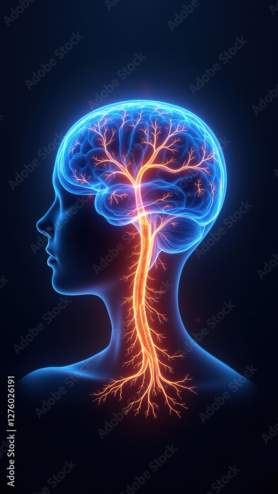 VNS - Vagus Nerve Stimulation visual representation with highlighted neural pathways and vascular system. VNS - Vagus Nerve Stimulation visual representation with highlighted neural pathways and vascular system.