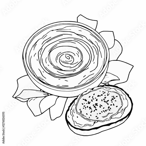 Black Outline Vector of Bowl of Hummus with Pita Chips