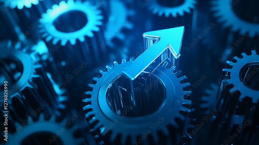 Blue Metal Gears Mechanism Abstract Arrow Growth Progress Technology Innovation Success Future Business Development Blue Metal Gears Mechanism Abstract Arrow Growth Progress Technology Innovation Success Future Business Development
