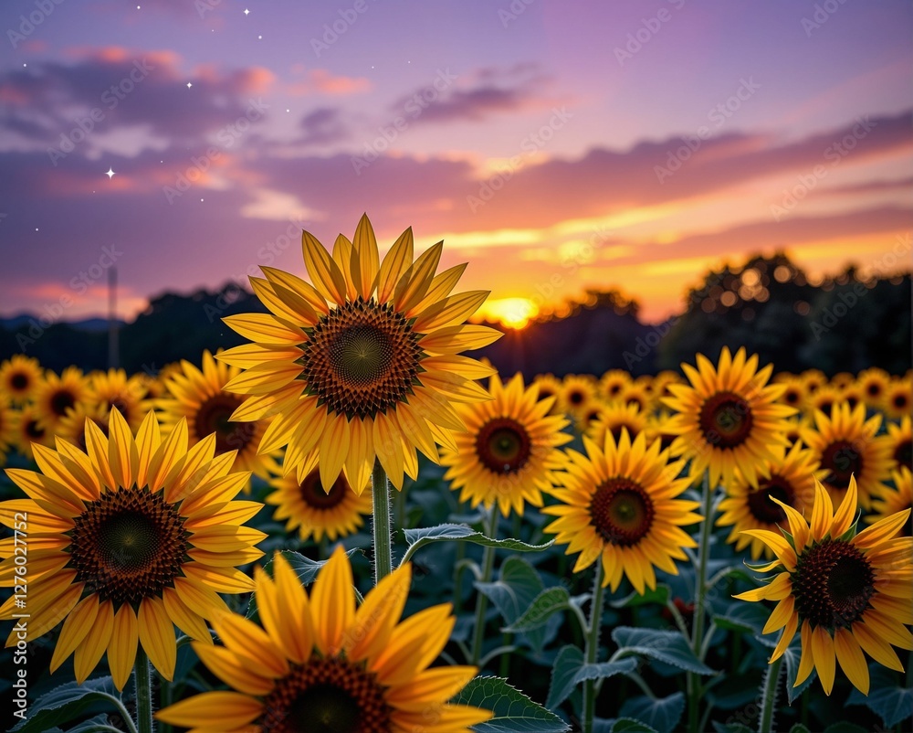 Obraz premium A vibrant field of sunflowers stands against a colorful sunset sky, showcasing nature's beauty and tranquility.