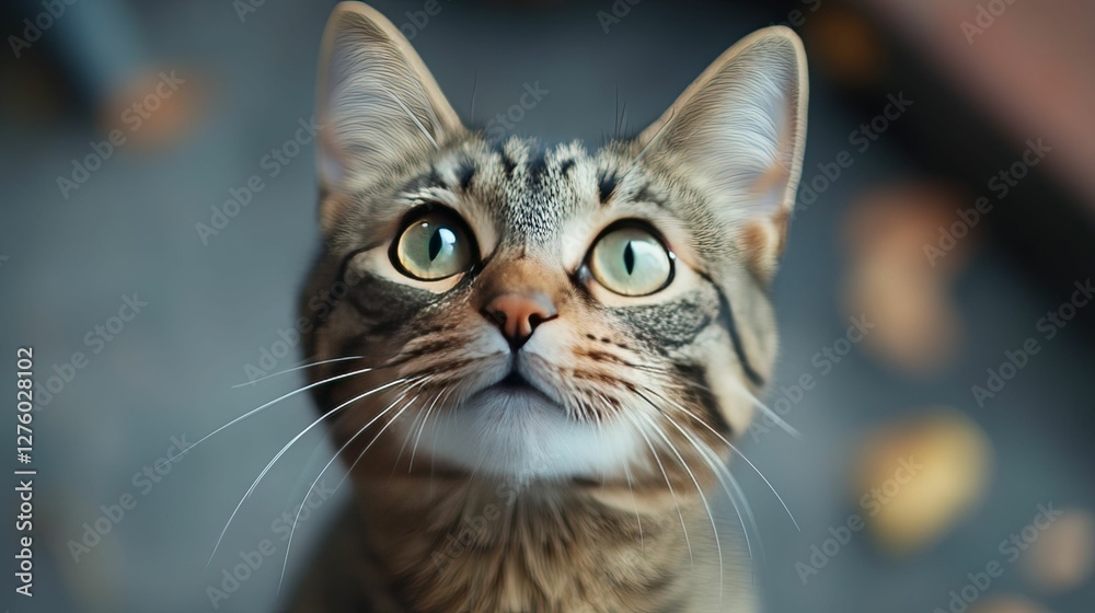 A Curious Tabby Cat Looks Upward With Wide Eyes A Curious Tabby Cat Looks Upward With Wide Eyes