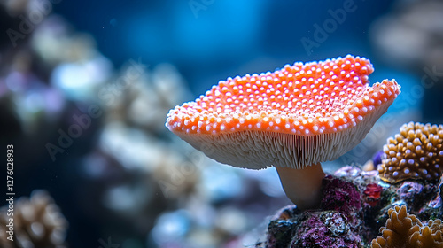 Orange coral mushroom in aquarium, underwater scene, nature background, marine life photography