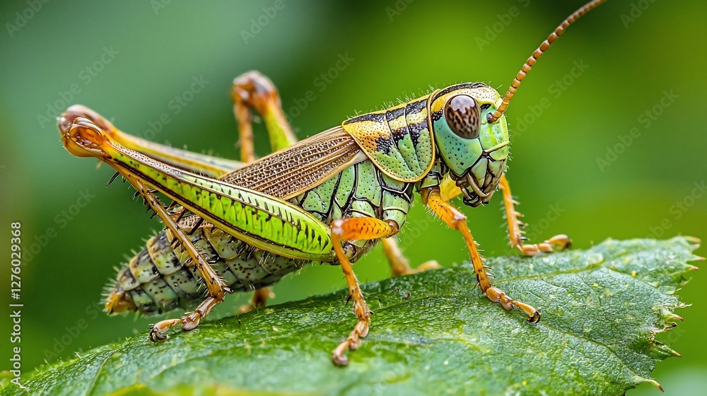Close-up of a vibrant grasshopper on a leaf. Close-up of a vibrant grasshopper on a leaf.