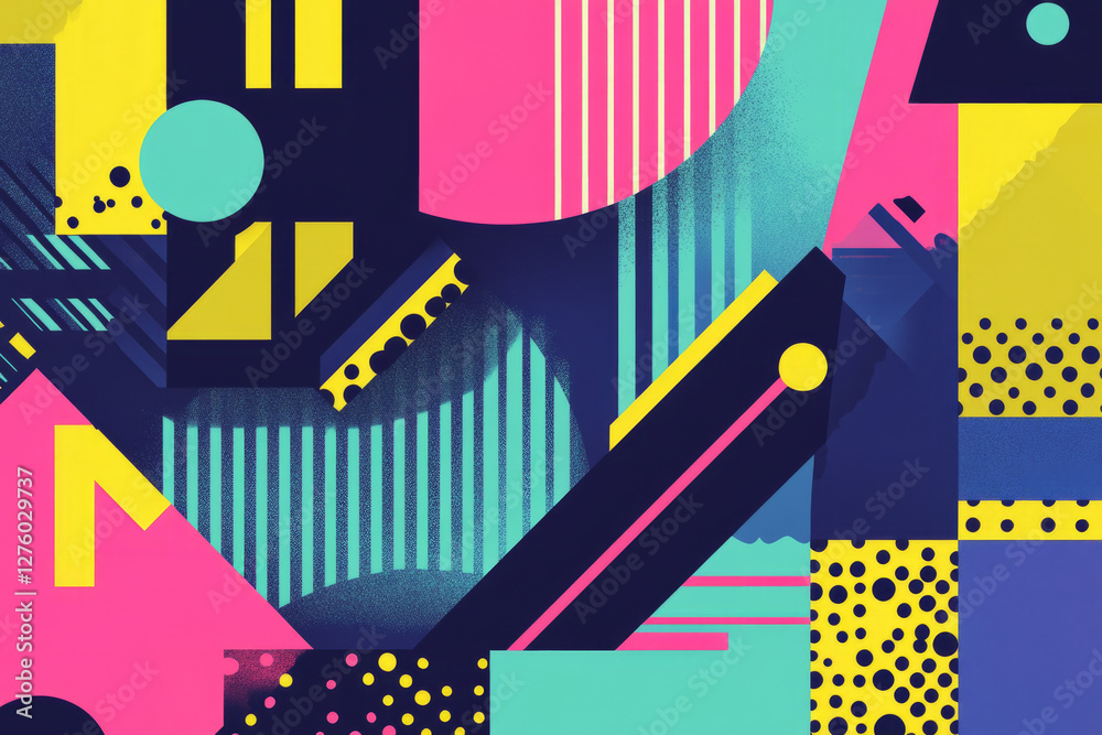 90s inspired background with bold punchy text, abstract geometric shapes, and a vibrant color palette featuring blue, pink, lime green, and yellow hues, creating an energetic and nostalgic atmosphere