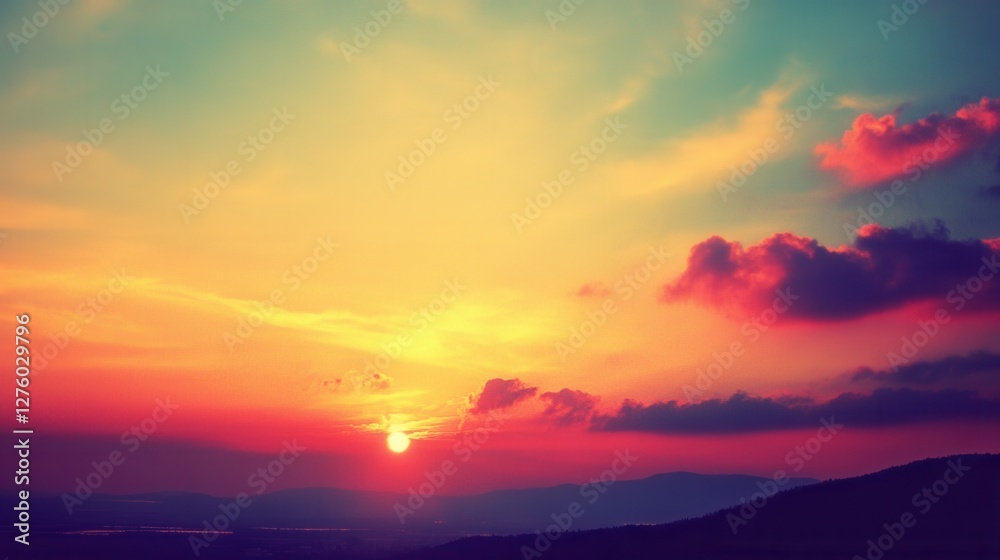 Obraz premium Vibrant Sunset Over Mountains with Colorful Sky and Clouds