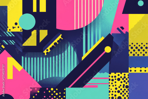 90s inspired background with bold punchy text, abstract geometric shapes, and a vibrant color palette featuring blue, pink, lime green, and yellow hues, creating an energetic and nostalgic atmosphere