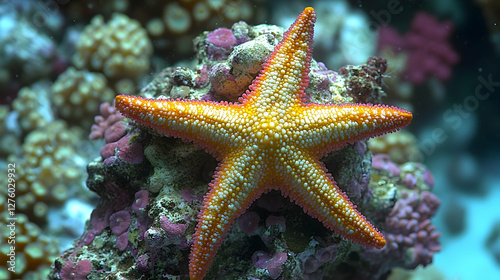 Orange starfish on coral reef, underwater scene, ocean life, nature background, marine wildlife photo