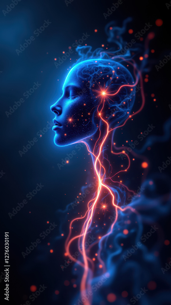 Vagus Nerve Stimulation - Creative Concept Art with Blue and Orange Neon Visuals. Vagus Nerve Stimulation - Creative Concept Art with Blue and Orange Neon Visuals.