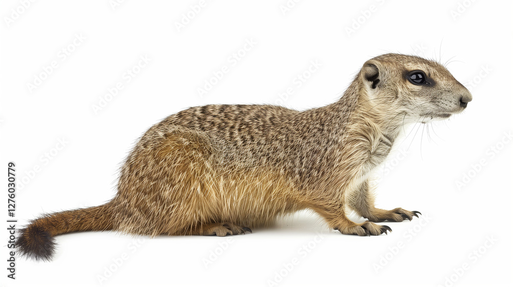 Fototapeta premium Meerkat standing alert on a white background.