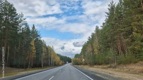 The car is walking along a scenic road. Dense forest near the highway.